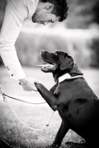 lo sposo con il suo cane che gli da la zampa in un momento dolcissimo