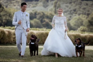 gli sposi passeggiano con i loro cani
